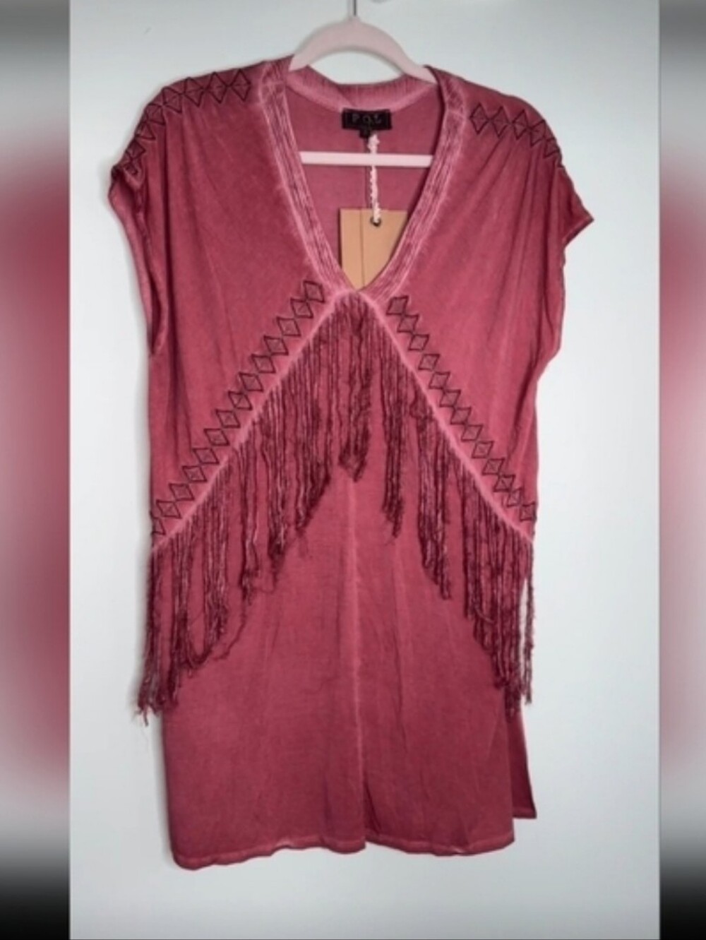 POL Burgundy  Asymmetrical Cap Sleeve Blouse W/Fringe Embellishments & Side Slit